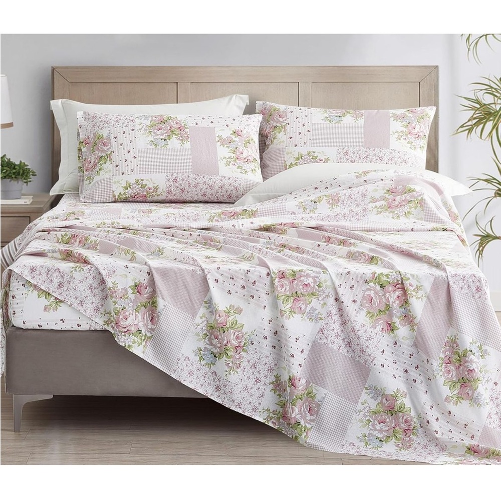 Chezmoi Collection Rosy 3-Piece Floral Patchwork Cotton Sheet Set Full